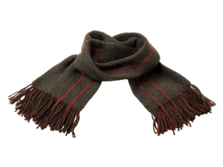 A scarf with red and brown stripes is laying on a white background