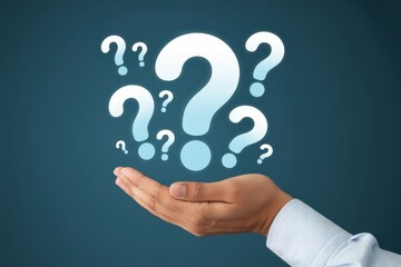 A hand holding multiple floating question marks against a blue background, symbolizing questions, uncertainty, and seeking answers