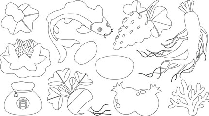 Line Art Depicting Koi Fish, Assorted Flowers, Lucky Bag, Fruits, and Vegetable Variety