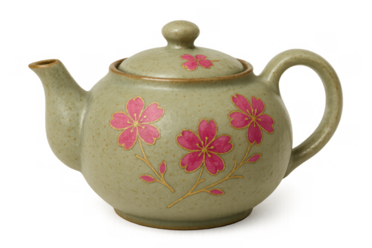 Ceramic teapot decorated with pink cherry blossoms, a traditional asian tea brewing vessel for hot drinks