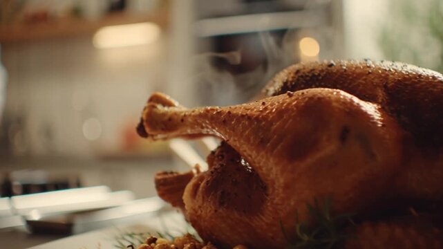 Cinematic Dynamic Camera Pan Capturing a Chef Seasoning a Thanksgiving Turkey in a Pristine All-White Modern Kitchen, Showcasing Elegant Motion, Culinary Precision, and a Clean Minimalist Atmosphere