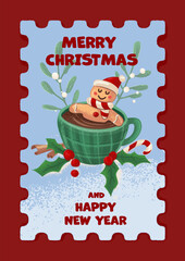 vintage illustration of gingerbread in chocolate cup on a postage stamp