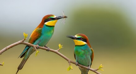 Fototapeta premium Two colorful european bee-eaters perched on a branch in natural habitat