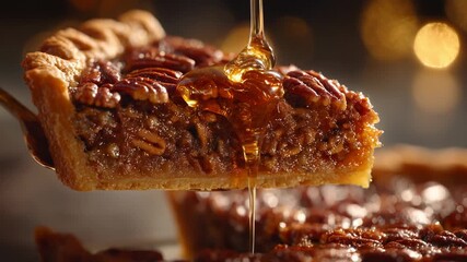 Indulge in sweet slice of baked pecan pie, drizzled with golden syrup, featuring rich textures and warm colors, perfect dessert for nut lovers