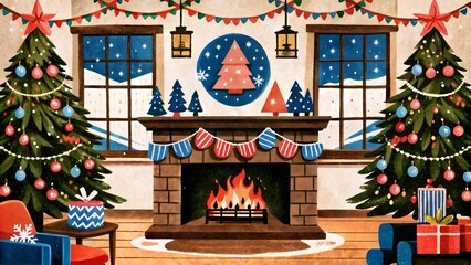 Cozy Christmas Eve scene with decorated trees, a warm fireplace, and snow falling outside the windows, a perfect holiday atmosphere with festive charm