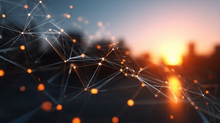Abstract network of interconnected nodes with lines against blurred cityscape and sunset