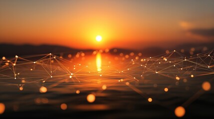 A stunning scene captures a glowing network of nodes reflecting in tranquil water as the sun sets on the horizon, symbolizing digital connections and possibilities. The warm sunset