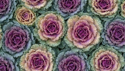 Close up of ornamental kale plants with ruffled purple and green leaves in a garden bed during daytime