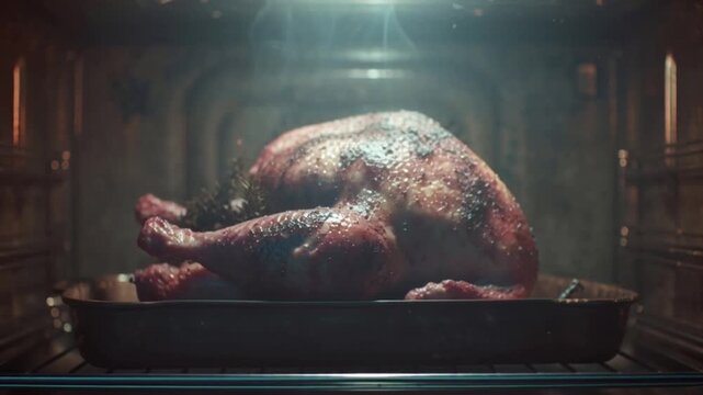 Cinematic Thanksgiving Turkey Roasting in the Oven, Showcasing Golden Crisp Skin, Warm Holiday Lighting, Rising Steam, Rich Aromas, and the Cozy Festive Atmosphere of a Traditional Family Feast Food
