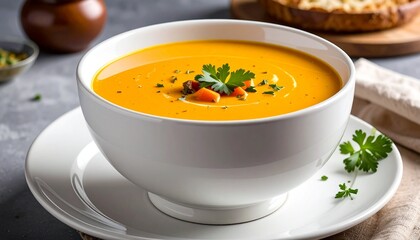 Tomato Soup with Herbs and Croutons in Elegant Bowl on Dark Surface