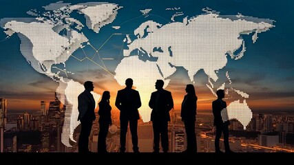Business Team Silhouette Watching Sunset City Skyline with World Map Connections Overlay - Powered by Adobe
