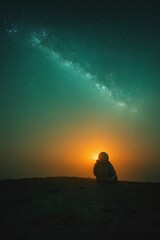 Eine Person sitzt vor einem unglaublichen Ausblick vom Himmel und der Sterne