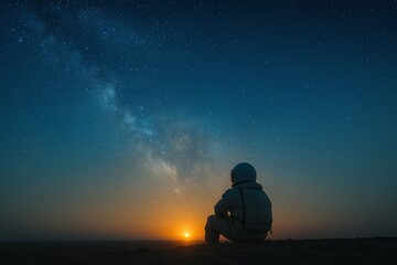 Eine Person sitzt vor einem unglaublichen Ausblick vom Himmel und der Sterne