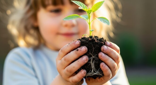 Young child's hands gently holding a seedling plant with soil ready for planting - Powered by Adobe