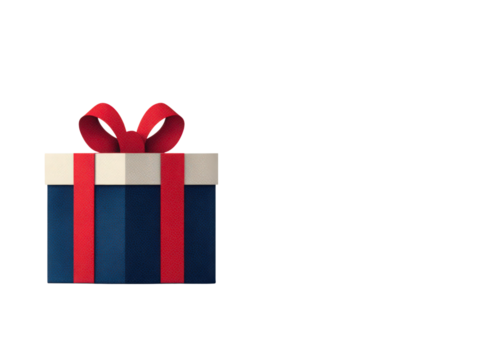 A blue and red box with a red ribbon on top