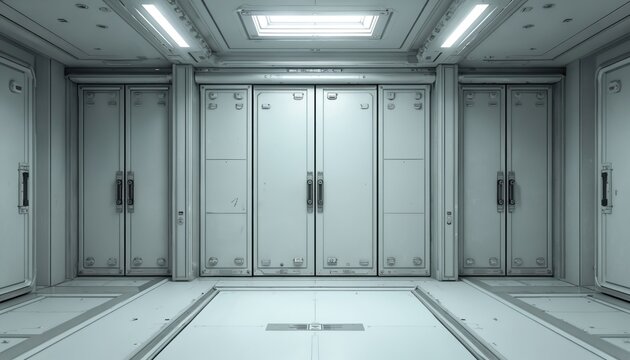Futuristic sci fi corridor with multiple metal doors and bright overhead lights. Clean sterile environment, minimal design, industrial aesthetic. Spaceship or laboratory interior.
