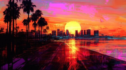 Fototapeta premium Vibrant sunset over city skyline with palm trees and road reflecting sunset colors.