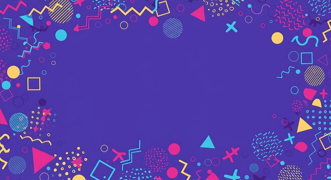 Colorful frame with various geometric shapes on a purple background - Powered by Adobe