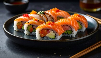 Assorted Sushi Rolls with Salmon, Roe, and Seaweed on Elegant Plate with Soy Sauce and Wasabi