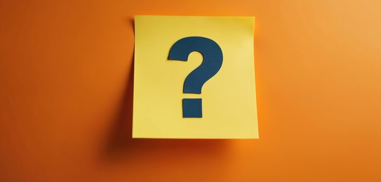 Photo question mark on yellow sticky note against orange background. Represents questions ideas, thoughts. Perfect for concepts regarding research, brainstorming. Image also relates to communication.