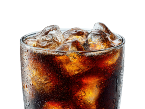 A glass of iced coffee with ice cubes in it