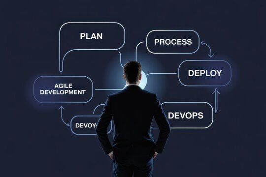 Businessman looking at a DevOps workflow diagram for agile software development and strategic planning