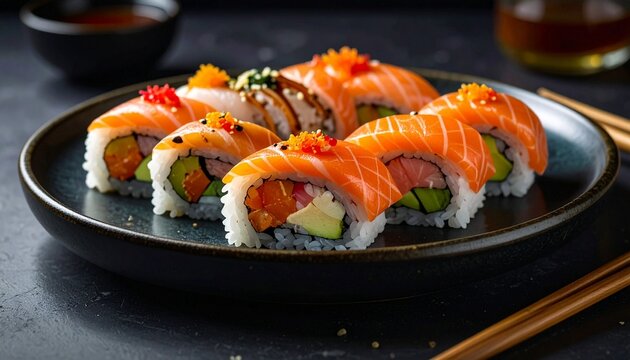 Assorted Sushi Rolls with Salmon, Roe, and Seaweed on Elegant Plate with Soy Sauce and Wasabi