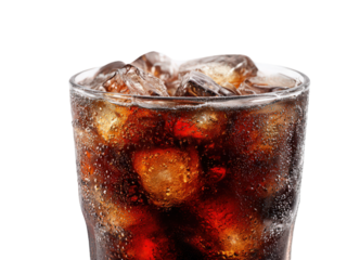 A glass of soda with ice cubes in it