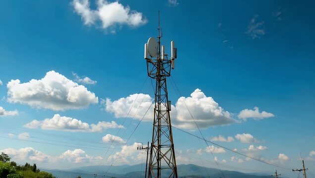 4K timelapse of a cellular 3G 5G tower with antennas against a sunny blue sky with fluffy clouds capturing communication technology signal transmission and modern infrastructure for professional