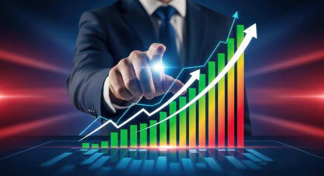 Businessman pointing at a glowing bar graph indicating successful financial growth and profit.