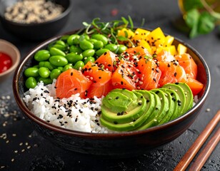 Colorful, fresh poke bowl featuring salmon, avocado, mango, edamame, and rice