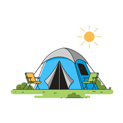 Camping Adventure - Tent, Chairs, and Sunny Day.