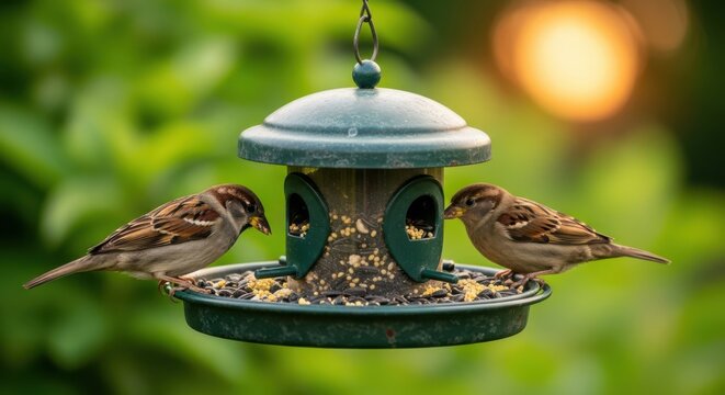 Two little sparrows enjoy seeds from a hanging garden bird feeder on a bright day