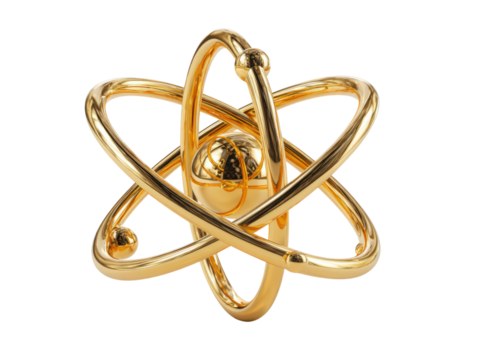 A gold colored sphere with a black center and a gold rim