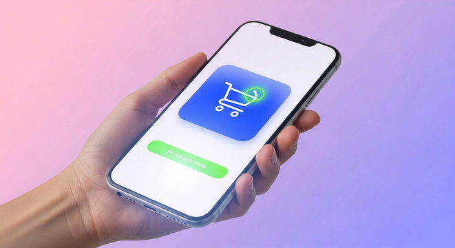 Hand holding a smartphone with a blue shopping cart icon and "Purchase Now" button, representing online shopping, e-commerce, and convenient transactions - Powered by Adobe