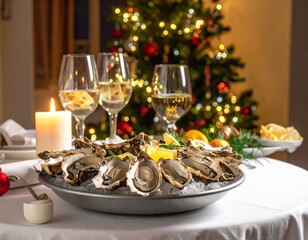 Fototapeta premium Oysters served on a festive table with Christmas tree in the background during a holiday celebration