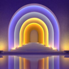 Illuminated Archway with Reflections: A striking archway bathed in a spectrum of vibrant colors, its elegant design mirroring perfectly in the smooth, reflective surface below.
