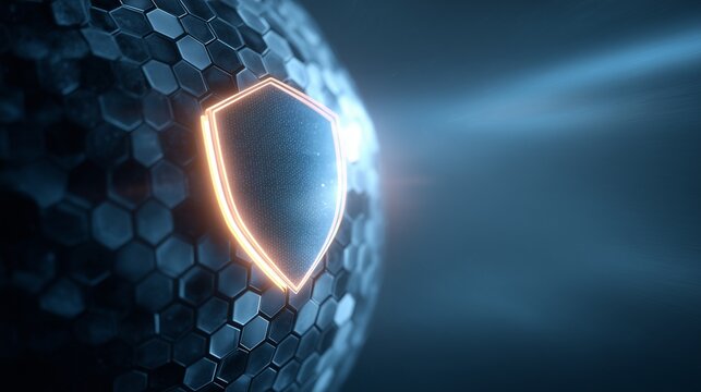 The image illustrates a digital shield set against a hexagonal patterned backdrop, symbolizing the concept of cybersecurity. This striking shield distinctly represents the protecti