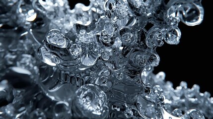 Abstract close-up of intricate shimmering forms, capturing soft environment reflections on its dynamic surface against a subtly foggy, dark background, creating a mysterious and fluid texture