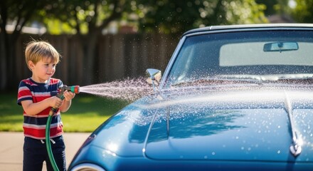 Young boy enthusiastically washes a shiny blue car with a hose outdoors