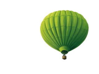 A large green hot air balloon is floating in the air