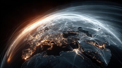 Global Network Connections Over Earth at Night with Light Trails globe world