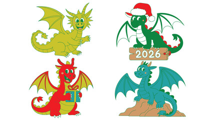 Obraz premium Four Cartoon Dragons Yellow, Red with Gift, Green with Santa Hat for 2026, Blue on Rock