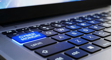 Close-up of laptop keyboard with illuminated blue button that reads Cyber Monday, representing online sale, special deal, e-commerce promotion event