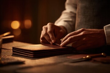 Crafting elegant leather goods artisan workshop photography indoor setting close-up view handcrafted techniques