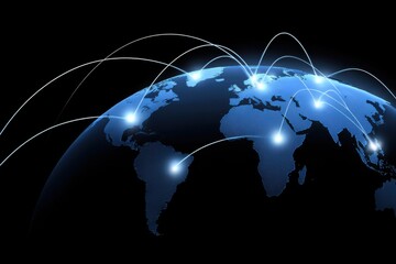 Glowing Blue Earth with Global Network Connections on Black Background globe world