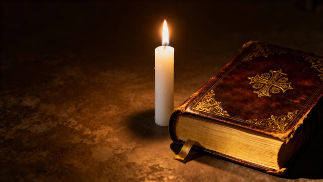 Closed Bible with candle softly glowing in dark setting for Catholic Christmas, copy space  