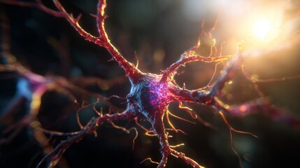 The vibrant neuron branches extend outward, illuminated by a soft glow in the background. This neuron and its intricate details highlight the complexity of neural networks in actio