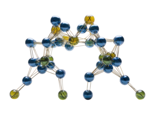 A blue and green ball structure with a yellow ball in the middle