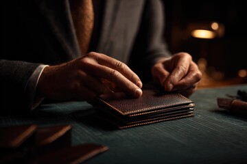 Crafting elegance artisan hand-stitched wallets workshop studio close-up warm lighting luxury craftsmanship